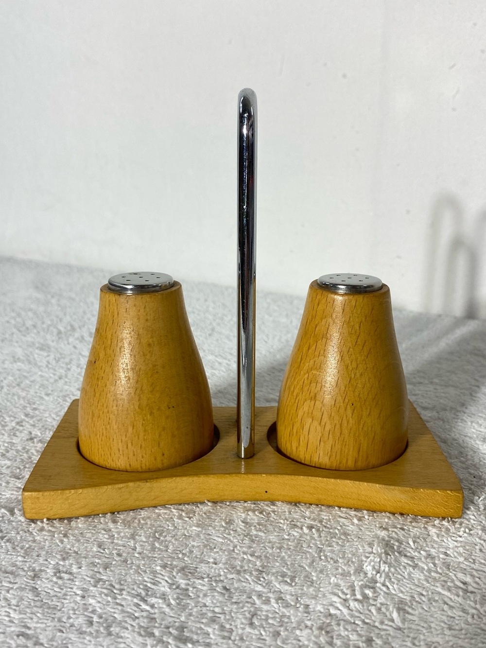 Vintage MCM Light Wood Salt and Pepper Shakers with Holder